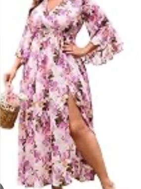 EYWOL size XL Floral Pink Wrap Maxi Dress with  Side Slit